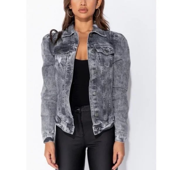 Gray Acid Wash Distressed Denim Jeans Long Puff Sleeve Jacket - Picture 7 of 9